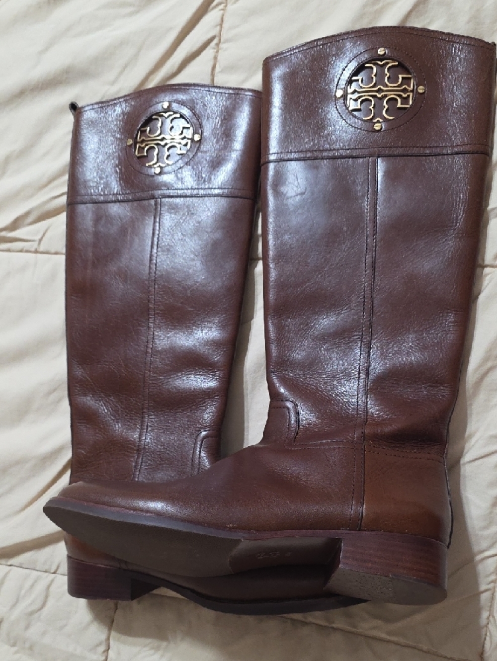 Tory Burch Brown Leather Tall Logo-Embellished Riding Boots - Picture 4 of 7